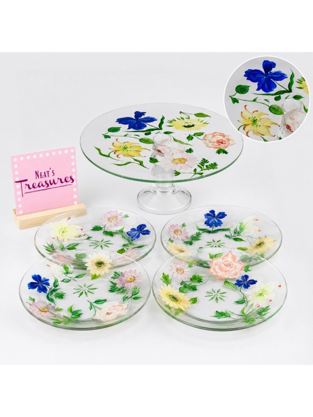 Royal Danube FLORAL Hand Painted Crystal Footed Cake Stand & Plates Set 5 NEW